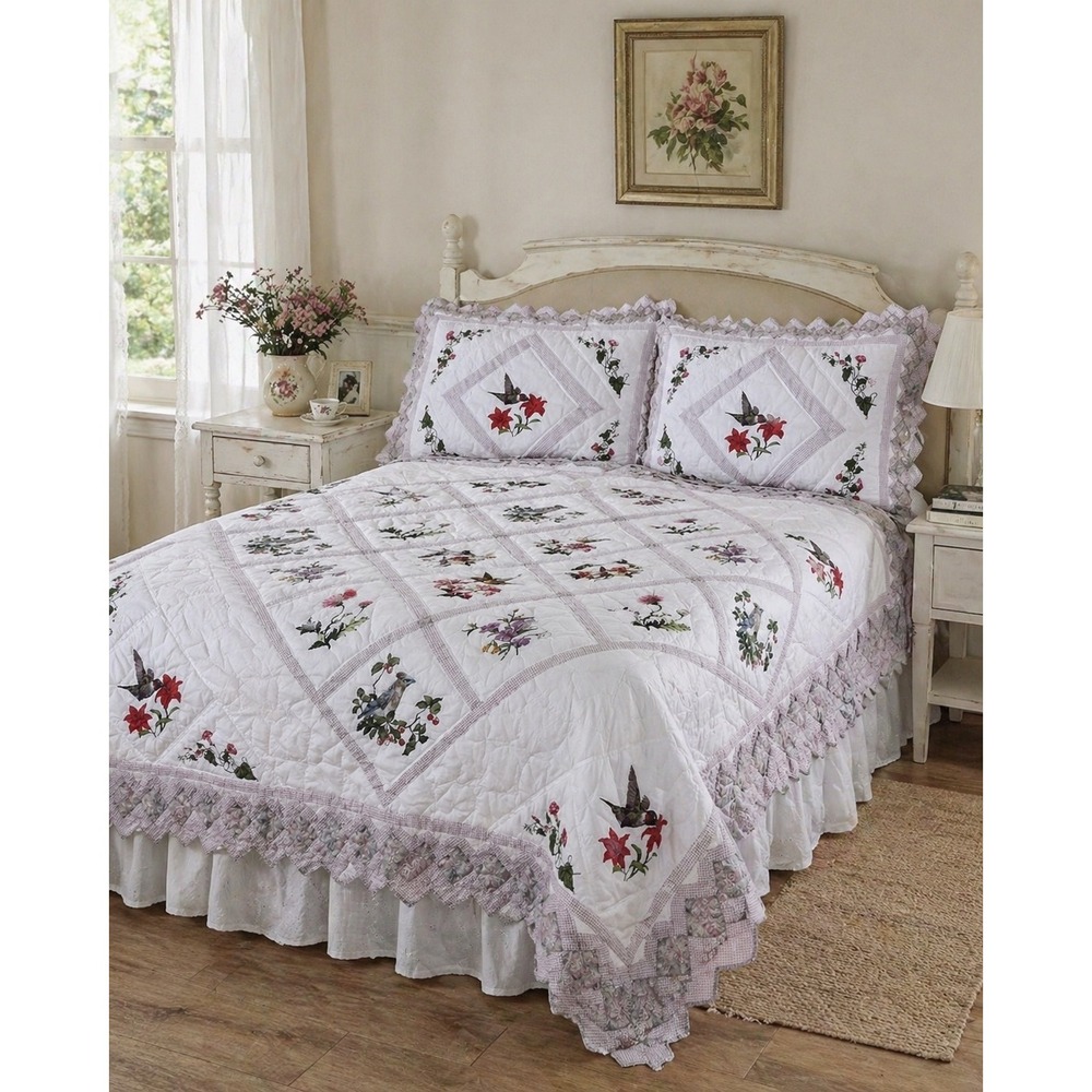 Vintage Hummingbird Floral Quilt Set‎ Scalloped Edge 86x86 With 2 Shams